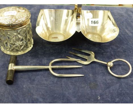 A SILVER PLATED CONDIMENT DISH, A BREAD FORK IN THE MANNER OF CHRISTOPHER DRESSER, ONE OTHER FORK, AND A SILVER LIDDED DRESSI