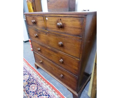 A LATE GEORGIAN MAHOGANY CHEST OF TWO SHORT AND THREE GRADED LONG DRAWERS ON BRACKET FEET. W 115 x D 54 x H 123cms.