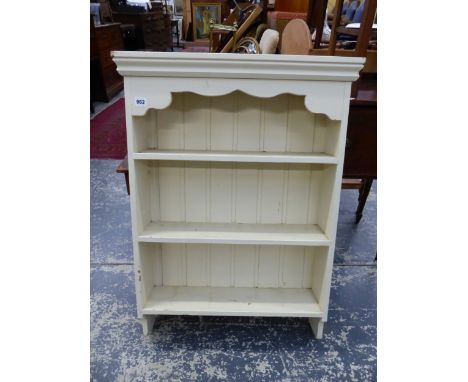 A PAINTED WALL SHELF AND A BRASS FIRE SCREEN. 