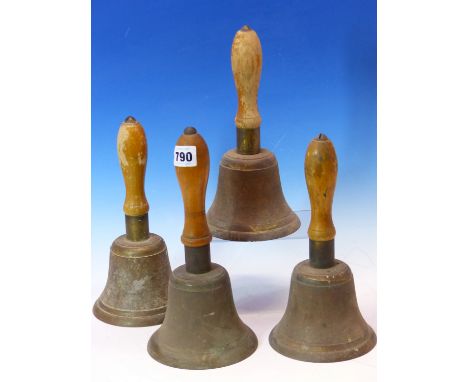 A SET OF THREE G&amp;J 1939 WORLD WAR II AIR RAID PRECAUTION HAND BELLS WITH BALUSTER WOODEN HANDLES TOGETHER WITH A SIMILAR 