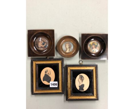 A PAIR OF PORTRAIT WATERCOLOUR MINIATURES ON CARD OF AN EARLY 19th C. HUSBAND AND WIFE TOGETHER WITH THREE DECORATIVE MINIATU
