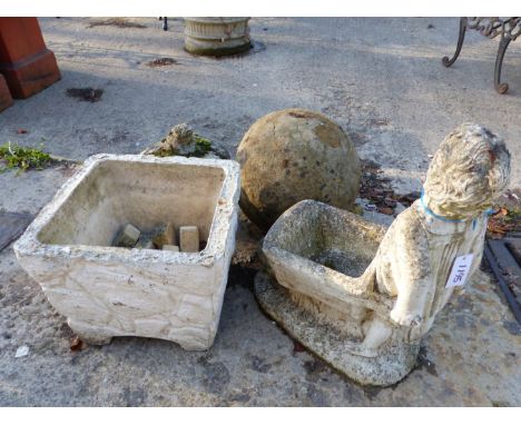 A STONE BALL AND TWO GARDEN ORNAMENTS, PLANTERS ETC