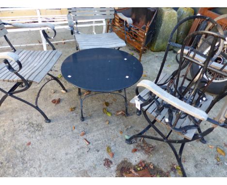 THREE WOOD AND WROUGHT IRON GARDEN CHAIRS, AND A SMALL TABLE