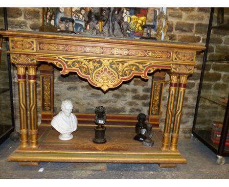 A LATE 19th C. PAINTED TWO TIER CONSOLE TABLE, THE GREEN TOP RAISED ABOVE A GREEN CHAIN AND FLOWER HEAD BAND, THE ANTHEMION D