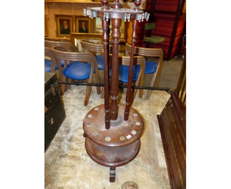 AN ANTIQUE MAHOGANY REVOLVING BILLIARD CUE STICK STAND, H. 141cms
