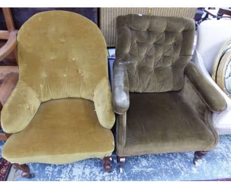 TWO VICTORIAN MAHOGANY BUTTON UPHOLSTERED ARM CHAIRS. 