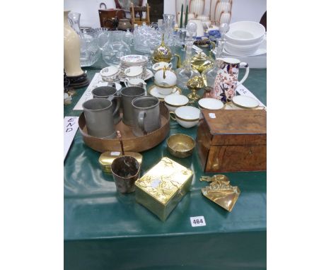 A VICTORIAN WALNUT TEA CADDY, AN ART DECO BRASS ASHTRAY, BRASS TOBACCO BOX, PEWTER TANKARDS, ROSENTHAL TEA WARES ETC. 