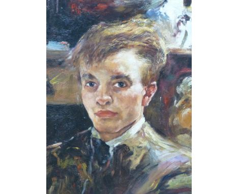 20th CENTURY SCHOOL. PORTRAIT OF A YOUNG MAN, SIGNED INDISTINCTLY, OIL ON BOARD. 62 x 46cms