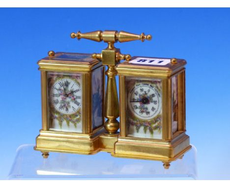 A COMBINED MINIATURE CARRIAGE CLOCK AND ANEROID BAROMETER, A BAR HANDLE CENTRAL TO THE TWO GLAZED CASES, THE FLORAL DIALS FLA