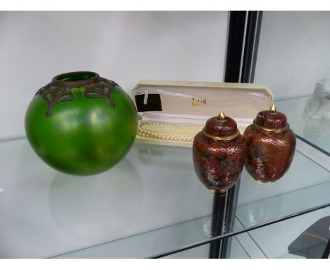 A ART NOUVEAU GREEN GLASS AND METAL MOUNTED GLOBE VASE IN A MANNER OF LOETZ, TOGETHER WITH A PAIR OF PLIQUE A JOUR VASES AND 