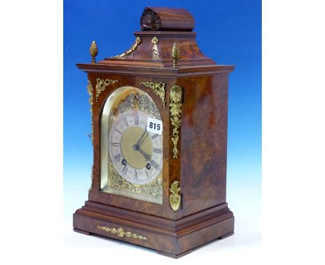 A LATE 19th C. A. G. U. LENZKIRCH BURR WALNUT CASED MANTEL CLOCK CHIMING ON TWO COILED RODS, THE ROUND ARCH BRASS DIAL WITH S