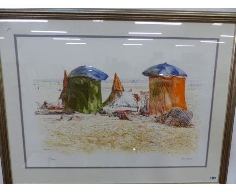 TOM COATES ( B 1941) ARR. A BEACH SCENE, PENCIL, SIGNED LIMITED EDITION COLOUR PRINT. 51 x 74cms