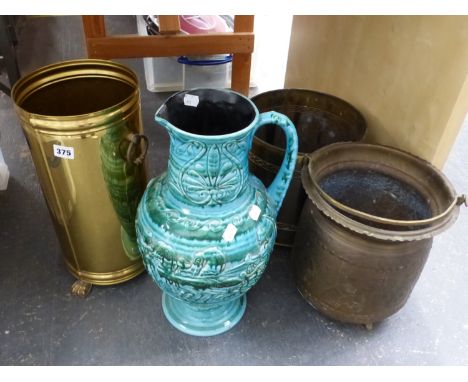 A BRASS STICK STAND, A LARGE POTTERY EWER AND TWO BRASS BUCKETS