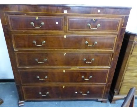 A VICTORIAN SATIN WOOD CROSS BANDED AND LINE INLAID MAHOGANY CHEST OF TWO SHORT AND FOUR GRADED LONG DRAWERS ON SHAPED BRACKE