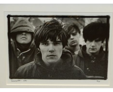 •STEVE DOUBLE.  ARR.  STONE ROSES, EARLY SHOT, SIGNED LIMITED EDITION BLACK AND WHITE PHOTOGRAPHIC PRINT, 2/50.  45 x 32cms.