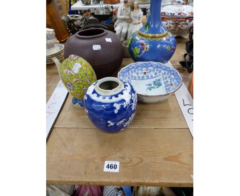 A LARGE HAND MADE ART POTTERY SQUAT VASE, A CHINESE CADOGAN TEAPOT, OTHER ORIENTAL WARES AND A STAFFORDSHIRE FIGURE.