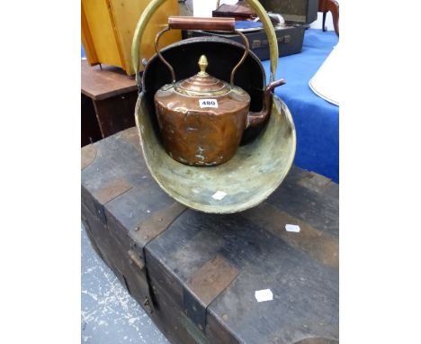 A VICTORIAN COAL SCUTTLE AND A COPPER KETTLE., OIL LAMP, PLATED COFFEE WARES AND A SMALL CAST IRON STOVE
