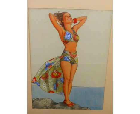 20th CENTURY SCHOOL. PORTRAIT OF A LADY IN HORSE RIDING ATTIRE, GOUACHE. 46 x 34cms TOGETHER WITH ANOTHER IN A SWIM SUIT BY T