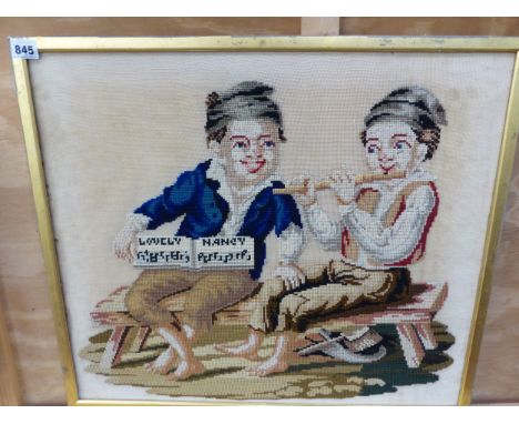 A 19th C. BERLIN WOOL WORK PICTURE OF TWO BOYS SEATED ON A BENCH WHILE ONE PLAYS THE FLUTE AND THE OTHER HOLDS THE MUSIC FOR 