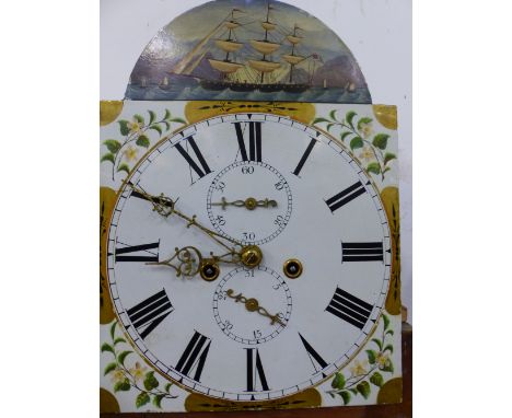 A 19th C. MAHOGANY LONG CASED CLOCK, THE DIAL PAINTED WITH BLOSSOM SPRAY SPANDRELS AND A THREE MASTED SHIP IN THE ARCH, SUBSI