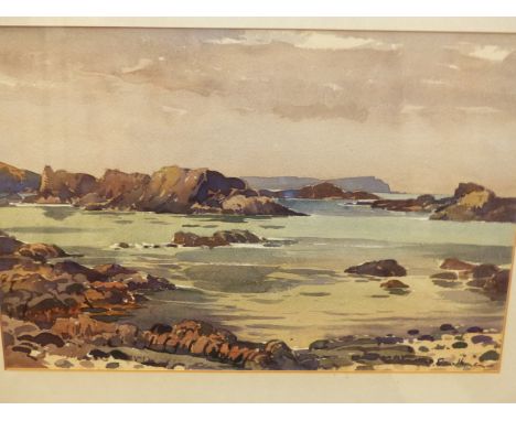 THEO J. GRACEY (1895 - 1959) CUSHENDUN BAY, CO ANTRIM, SIGNED, WATERCOLOUR. 27 x 38cms TOGETHER WITH TWO LANDSCAPE WATERCOLOU