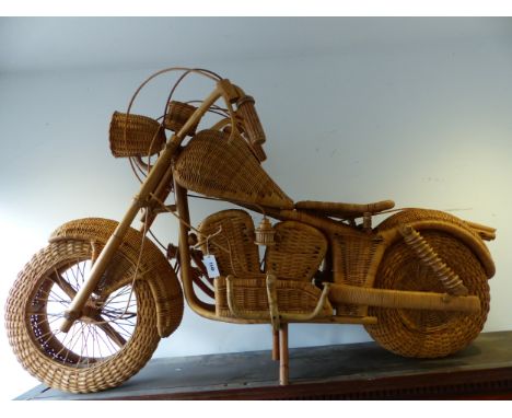 A BASKET WORK SCALE MODEL OF A HARLEY DAVIDSON, THE MOTORBIKE WITH BENT WOOD FRAME