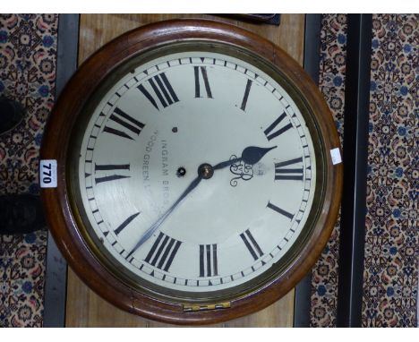 A GEORGE V MAHOGANY CASED INGAM BROS WALL CLOCK, THE FUSEE MOVEMENT WITH A PENDULUM WITH BRASS BOB.   Dia.   