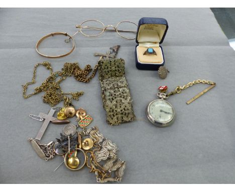 VINTAGE JEWELLERY TO INCLUDE A ART DECO STYLE RING, 9ct GOLD AND PLATED SPECTACLES. A CRUCIFIX,CUFFLINK'S A INGERSOLL MIDGET 