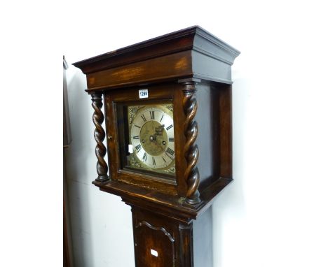 A 20th C. OAK LONG CASED CLOCK, THE BRASS DIAL WITH SILVERED CHAPTER RING FLANKED BY BARLEY TWIST COLUMNS ON THE HOOD, THE CA