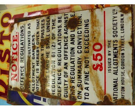 TWO VINTAGE ENAMEL HUDSONS SOAP AND DEFENCE REGULATIONS SIGNS, TOGETHER WITH OTHER POSTERS AND ADVERTISING 