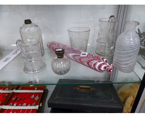 18th C. AND LATER GLASSWARE TO INCLUDE A ROLLING PIN, A SILVER TOPPED SCENT BOTTLE , TWO TANKARDS ETC