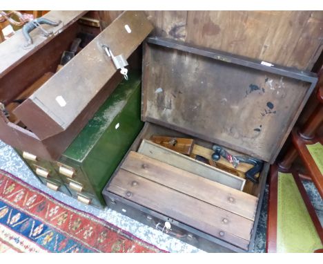TWO TOOL BOXES CONTAINING VARIOUS PLANES, AND A SMALL STEEL FILING CHEST. 