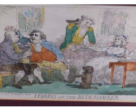 AFTER THOMAS ROWLANDSON (1757-1827),AN ANTIQUE HAND COLOURED PRINT LORDS OF THE BEDCHAMBER, A 1784 HUMPHREY CARTOON INSPIRED 