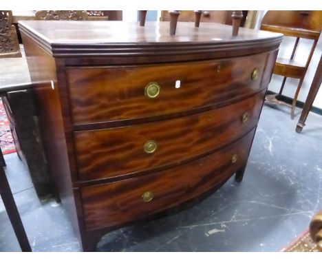 A 19th C. MAHOGANY BOW FRONT CHEST OF THREE GRADED DRAWERS ON BRACKET FEET.   W 108 x D 56 x H 92cms.