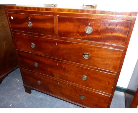 A 19th C. MAHOGANY CHEST OF TWO SHORT AND THREE GRADED LONG DRAWERS ON BRACKET FEET, THE TOP EDGED WITH LINE INLAY.   W 99 x 