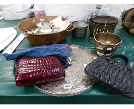 A LARGE ENAMEL LAUNDRY TUB, BRASS JAM PANS, VINTAGE HANDBAGS ETC. 