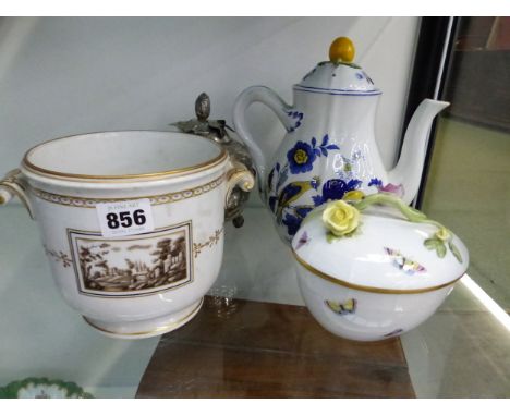 A HEREND BIRDS AND INSECT DECORATED TRINKET DISH AND COVER, AN ITALIAN CACHE POT, POTTERY SPODE TUREEN AND LADLE AND THREE DR