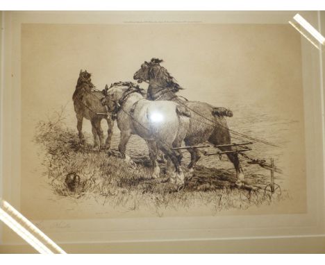 A THOMAS BLINKS PENCIL SIGNED PRINT OF PLOUGH HORSES. 28 x 38cms