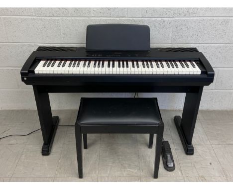A Technics PX100 digital piano with stool and Yamaha pedal, in working order. H.91 W.122cm