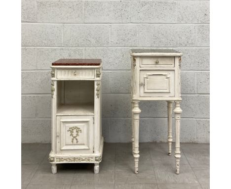 Two early 20th century French white painted side tables to include one with a square red marble top over a single frieze draw