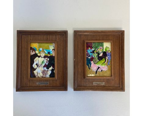A pair of 20th century French glazed ceramic tiles depicting scenes of can-can dancers at Moulin Rouge after the original 19t