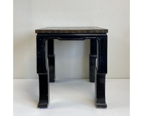 A 20th century Korean lacquered side table having a square brass bound top inlaid with a collection of 19th century Qing dyna