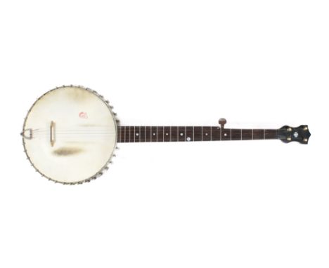A vintage five string banjo. With mother of pearl inlay wooden neck and a plated main body. Comes with a case. 88cm long