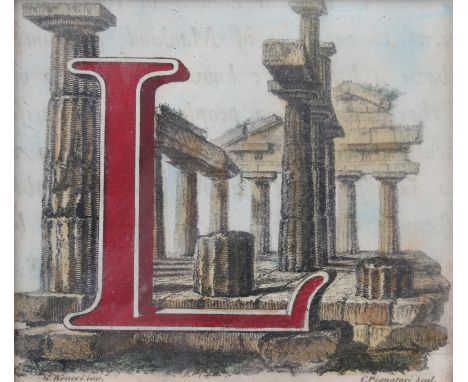 A coloured print capital letter "L" in front of Greek ruins. with printed G Bracci inc and C.Pignatari Scul lower right and l