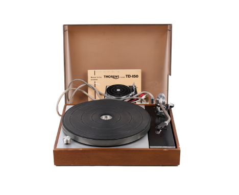 A Thorens TD-150 turntable record deck. With an ADC headshell and Ortofon VMS 20E Mk II cartridge plus manual. H13cm x W40cm 