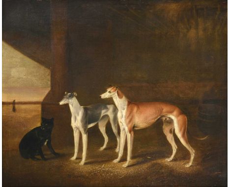 Follower of Matthew Ellis Nutter (1795-1862)The Lookouts - Greyhounds and another dog standing in a stable Oil on canvas, 49c