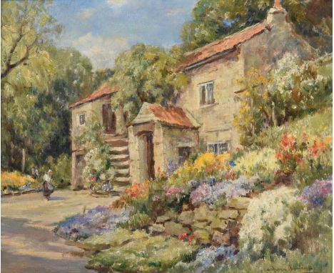 Owen Bowen (1873-1967)Figure before a red-roofed building and a display of summer flowers in the garden Signed, oil on canvas