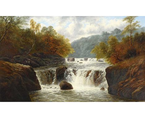William Mellor (1851–1931)Waterfall scene in an Autumnal landscapeSigned, oil on canvas, 64.5cm by 125cmFairly stiffly reline