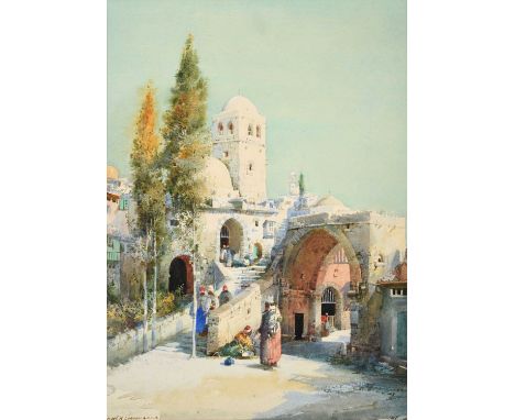 Noel Harry Leaver ARCA (1889-1951) North African Street scene with figures before a mosqueSigned, watercolour heightened with