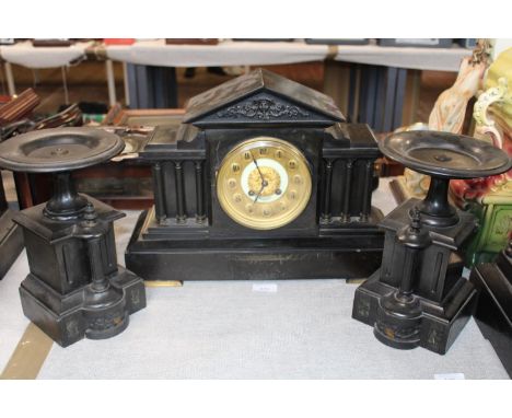 A good quality slate mantle clock with garnitures, retailed by Mappin &amp; Webb postage unavailable 